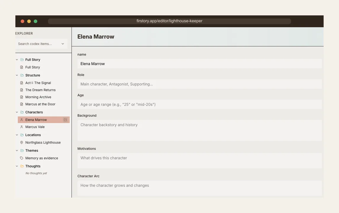 Firstory story-world view showing character context for Elena Marrow