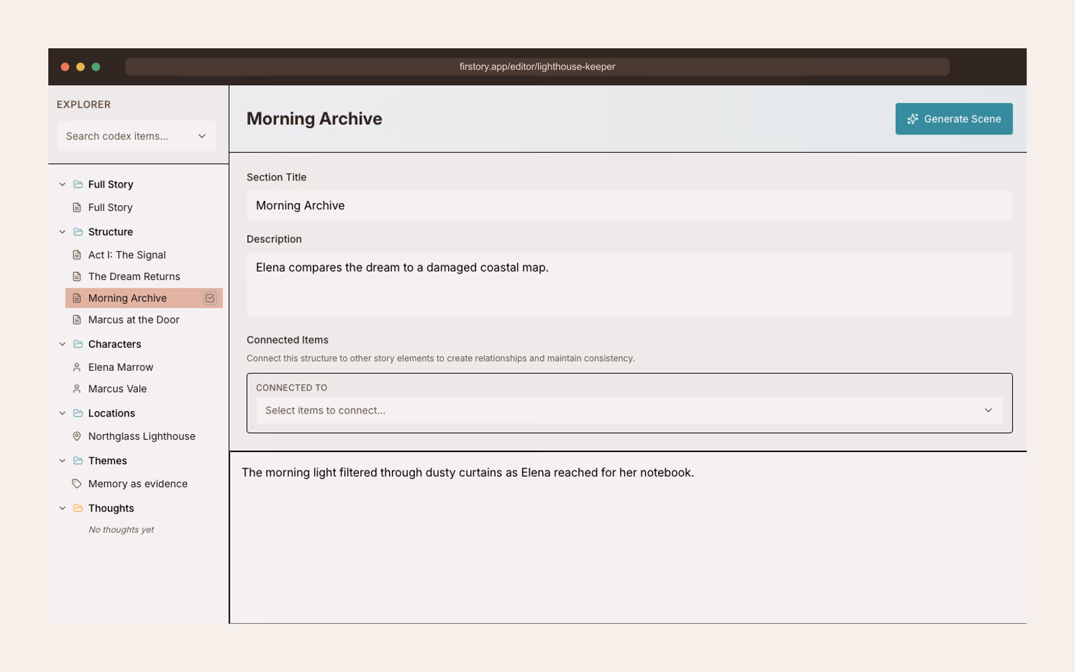 Firstory light-mode story editor with story structure and draft context